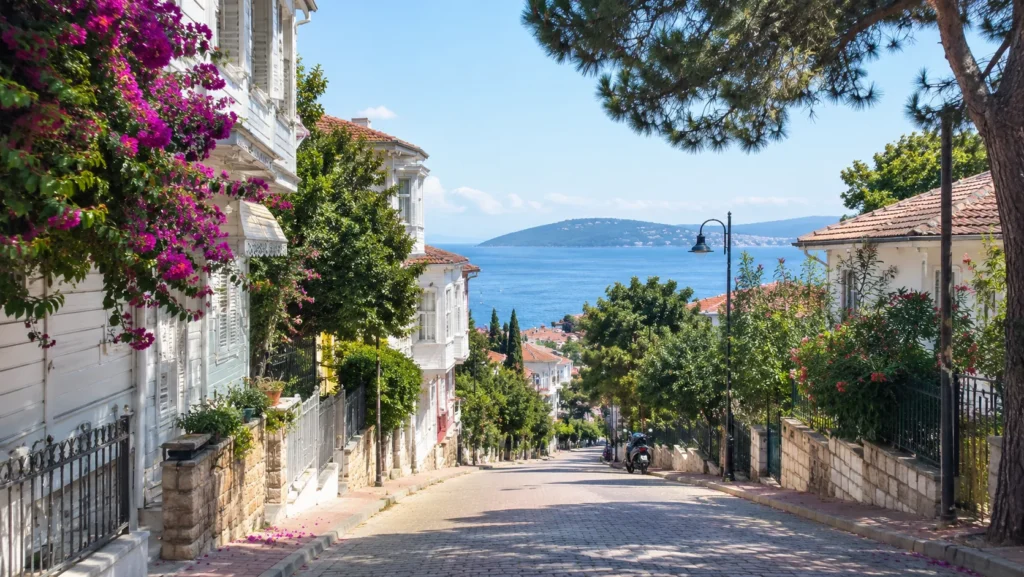 Cobblestone street with white wooden houses and bougainvillea leading down to the sea on Heybeliada