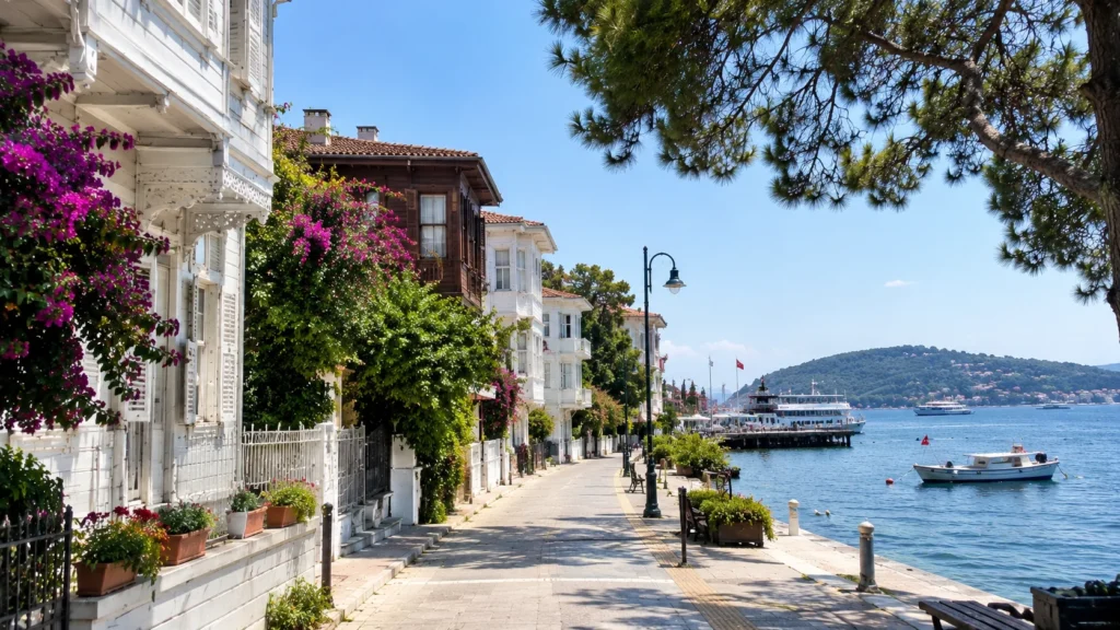 Waterfront promenade with wooden houses, a ferry at the pier and a pine-covered hill on Heybeliada