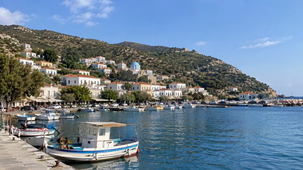 Ikaria travel guide: fishing boats in a harbor town below a blue-domed church
