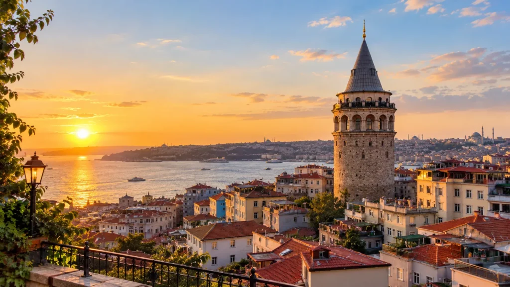 Galata Tower at sunset above the red rooftops of Beyoğlu with the Bosphorus behind, Istanbul