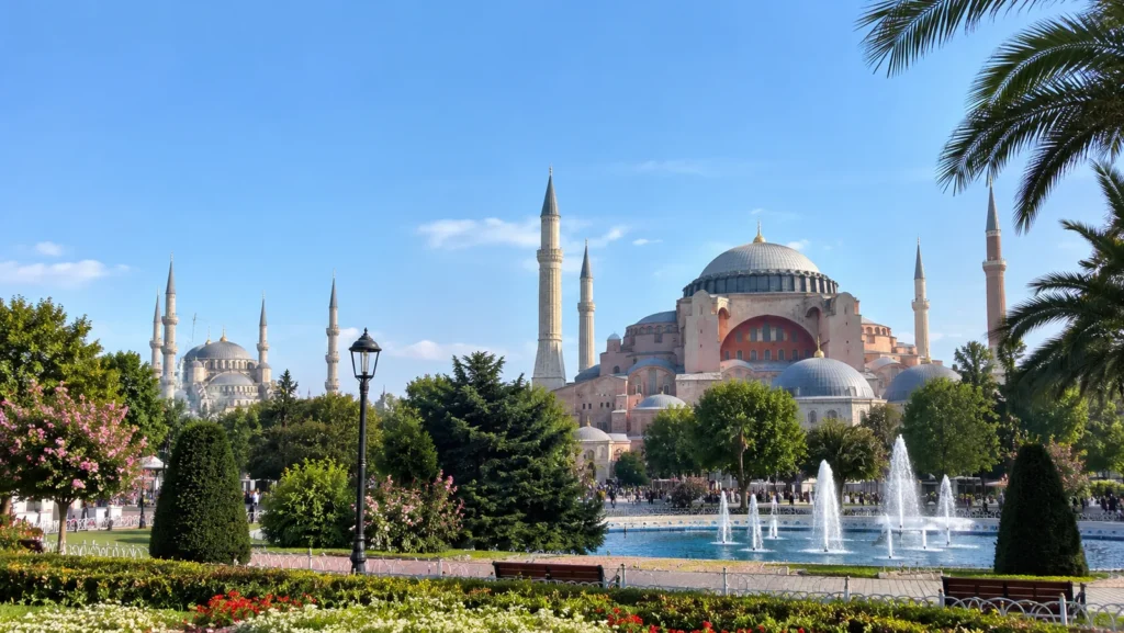 Istanbul travel guide view of Hagia Sophia and the Blue Mosque from the fountain park in Sultanahmet