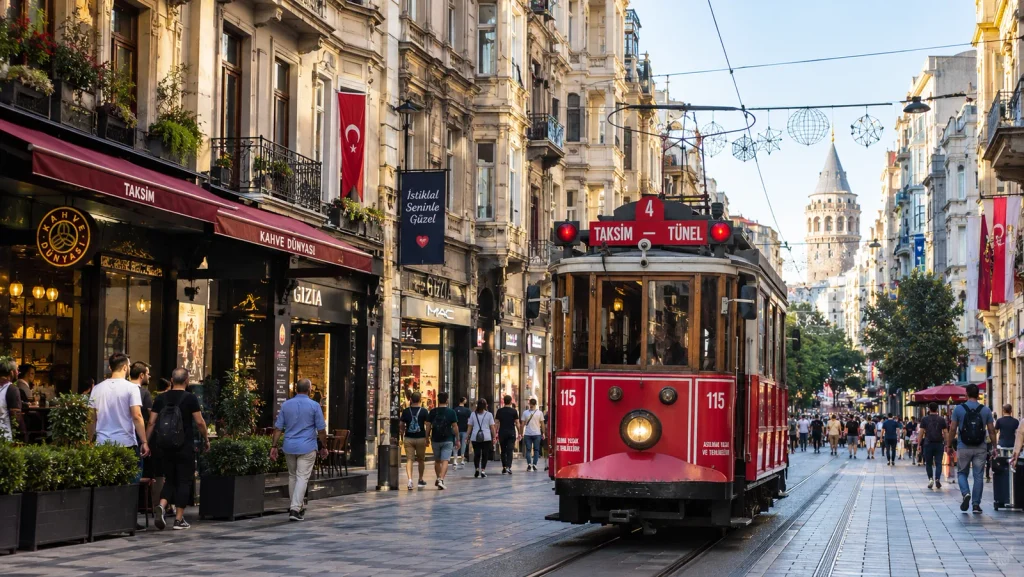 Red nostalgic tram on busy İstiklal Avenue in Beyoğlu with Galata Tower in the distance, Istanbul