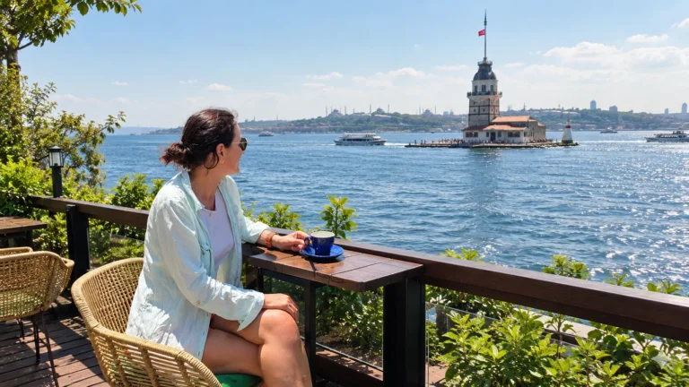 Woman sitting at a Bosphorus terrace café with Maiden’s Tower on its islet in the background, Istanbul