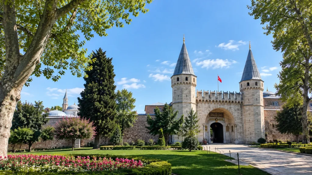 Gate of Salutation at Topkapı Palace with two pointed towers and a tulip bed in the foreground, Istanbul