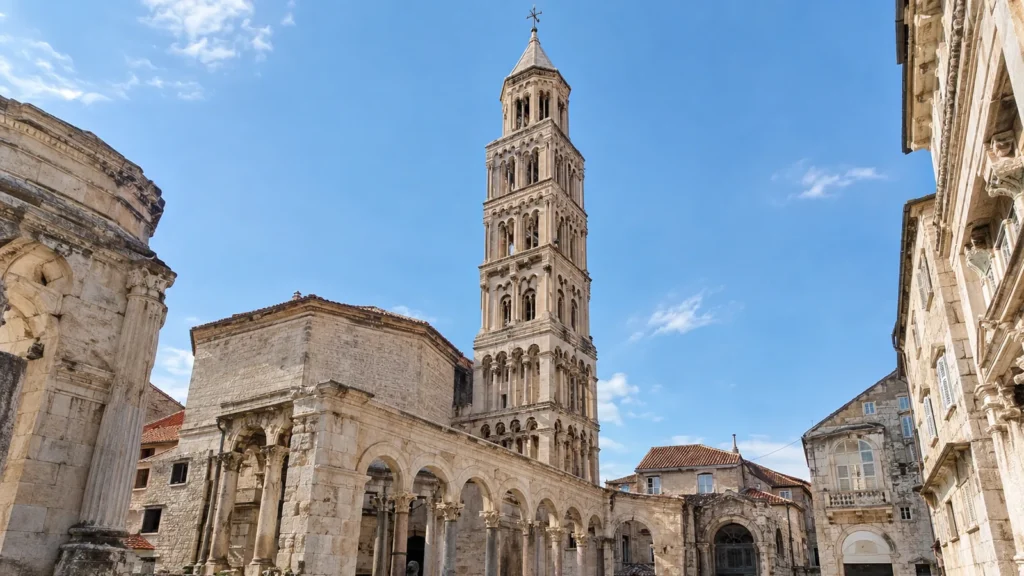 Bell tower of the Cathedral of Saint Domnius rising above the Peristyle in Diocletian's Palace, Split