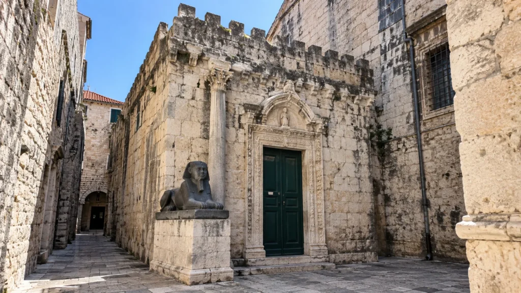 Egyptian sphinx beside a stone doorway in a narrow alley of Diocletian's Palace in Split