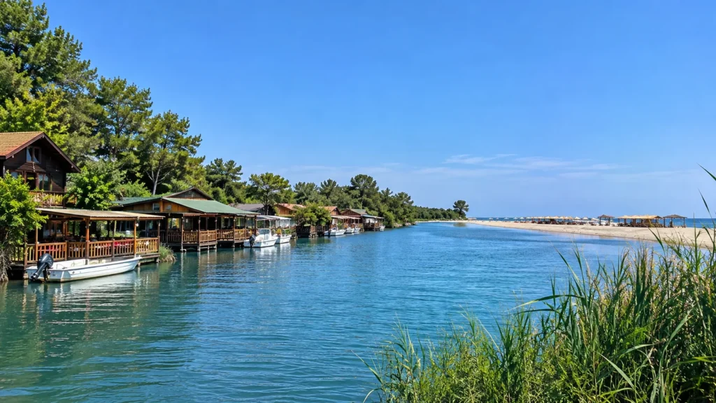 Wooden riverside restaurants on the Bojana river near Ada Bojana, Ulcinj